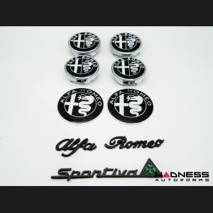 Alfa Romeo Emblems + Badges + Wheel Caps Kit - Black - "Alfa Romeo" + "Sportiva" Emblems + 2 AR Badges + 4 Center Caps